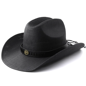 Chapeau de cowboy noir en paille avec badge de tête de taureau et bande en cuir