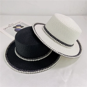 Women French Retro Straw Boater Hat With Faux Artificial Pearls And Lace Trim Sun Protection Beach Travel Summer Accessory