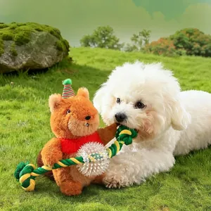 Plush Christmas squirrel dog toy with cotton rope and textured molar ball for chewing