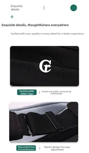Detail of adjustable metal buckle and embroidered letter on black sun visor hat