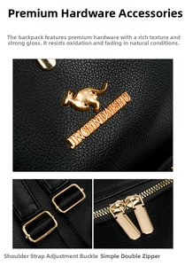 Detailed view of golden hardware and leather texture on a black vintage backpack