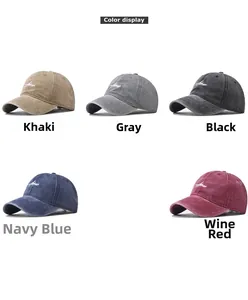 Color options of washed cotton baseball caps with embroidered letters and vintage finish