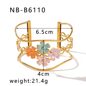 Detail view of 18k gold plated bangle with colorful enamel flowers and dimensions