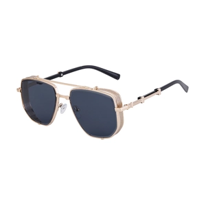 Retro square frame steampunk sunglasses for men with gold metal frames and side shields