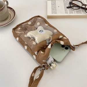 Braune Cord-Handytasche mit weißen Punkten und transparentem PVC-Sichtfenster