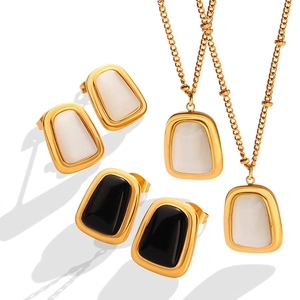 French Style Cat Eye Stone Rectangle Pendant Necklace And Earrings Minimalist Titanium Steel 18K Gold Plated For Women