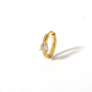 Detailed view of 18K gold plated hoop earring featuring a pear-cut heart zircon stone