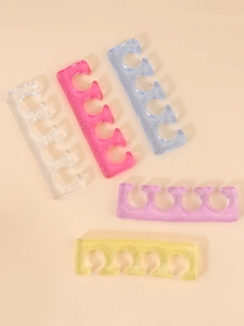 Macro detail of soft glitter silicone toe separators in five translucent pastel colors