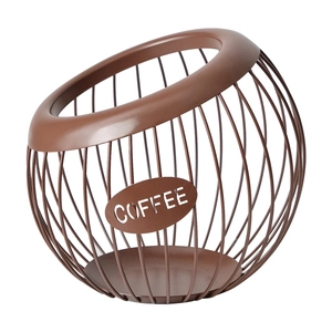Brown spherical wire coffee capsule holder basket with hollow design and metal coffee plate