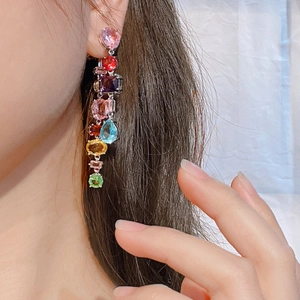 Rainbow Gema style drop earrings with colorful multi-shaped crystal stones for women