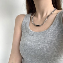 Minimalist silver titanium steel Cuban chain necklace with black rectangular pendant