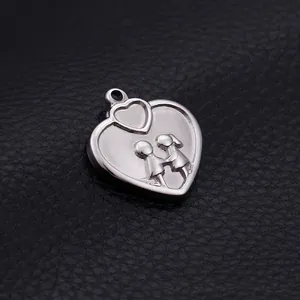 Polished silver heart-shaped stainless steel pendant with two girls silhouette on black leather