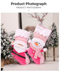 Pink velvet Christmas stockings with Santa and snowman 3D characters set of two