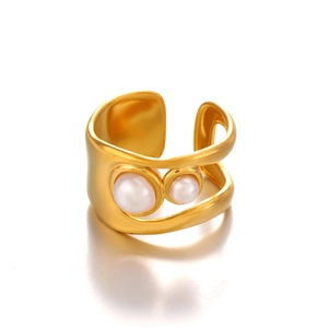 Retro stainless steel gold-plated ring with dual pearl inlay and adjustable open design