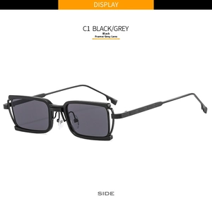 Detail of square metal frame sunglasses in black with grey lenses and nose pads