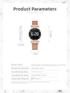 Especificaciones del reloj electrónico LED para mujer con correa magnética de oro rosa