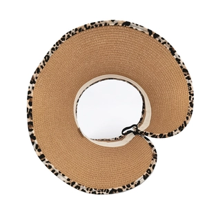 Detail of wide brim straw visor with leopard print edge and adjustable inner strap