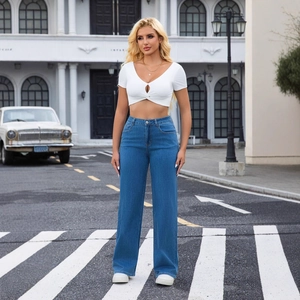 High Waisted Wide Leg Jeans Denim Cotton Blend Loose Straight Slimming Long Pants Casual Blue