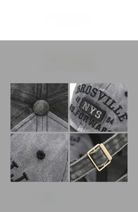 Detailed views of washed cotton baseball cap with vintage embroidery and metal buckle