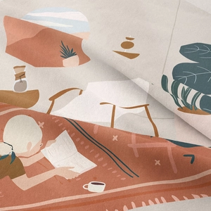 Detail of woven tapestry showing artistic illustration of person reading with plants