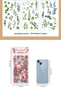 Detailed PET botanical stickers with Eucalyptus and Rose designs for DIY scrapbooking