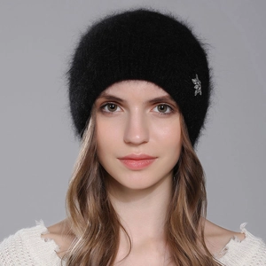 Women's black angora knit beanie with elegant silver rhinestone leaf decoration