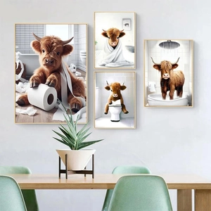 Modern set of 4 Highland Cow canvas prints with gold frames for bathroom wall decor
