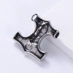 Detail of Viking Thor's Hammer stainless steel pendant with vintage hollow engraving