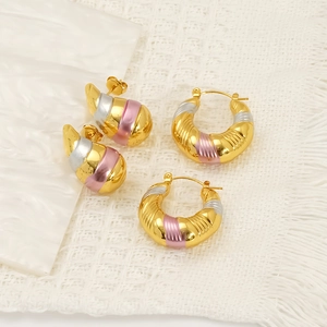 Chic tricolor titanium steel hoop earrings with elegant ribbed spiral design for women