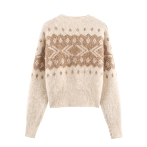 Cardigan in maglia vintage con motivo a fiocchi di neve beige e kaki con girocollo e maniche
