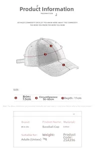 Size chart for unisex cotton baseball cap showing brim, depth, and circumference details