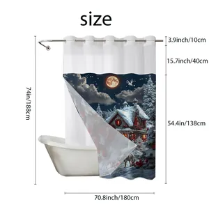 Detailed size chart for Christmas waffle shower curtain with snowy cabin and moon print