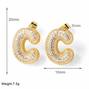 Detail view of 20mm gold letter C stud earring with full zircon pave and measurements