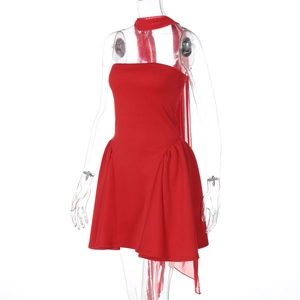 Detail of red strapless mini dress with matching neck scarf and back zipper closure