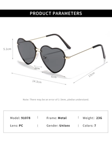 Detailed dimensions of heart-shaped sunglasses with gold metal temples and PC lenses