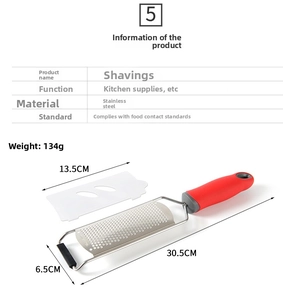 Macro view of stainless steel zester grater with red handle and protective cover dimensions