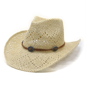 Western Cowboy Straw Hat Men Women Breathable Hollow Paper Weave Summer Beach Sun Hat Leather Band Metal Conchos