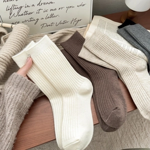 Women Wool Blend Crew Socks Ribbed Knit Solid Color Warm Winter Autumn Japanese Style Slouch Soft Breathable Casual