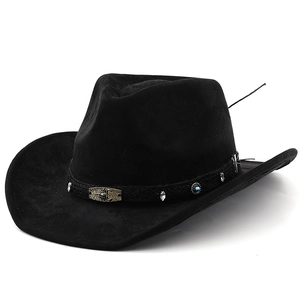 Detail of black western cowboy hat with metal scorpion buckle and rhinestone strap