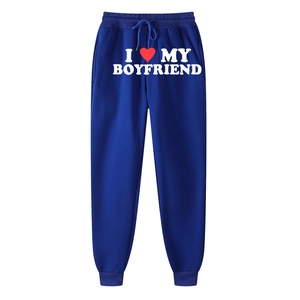 Dark blue sweatpants featuring I LOVE MY BOYFRIEND heart print and drawstring waist