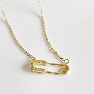 925 Sterling silver gold pin necklace for women with micro-paved sparkling diamonds