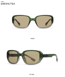 Detail view showing front and 45-degree side angles of green pilot sunglasses with tea lenses