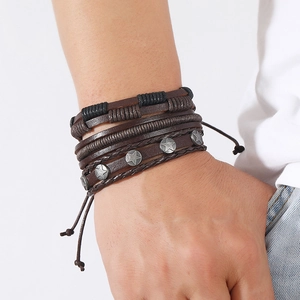 Men's multi-layer brown leather bracelet set with star studs and braided cord