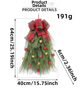 Christmas wreath with red plaid bow and ornaments showing 64cm x 40cm dimensions