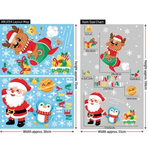 Detailed size guide for Christmas window decals featuring Santa, reindeer and stars