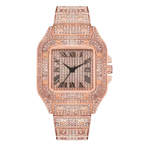 Luxury rose gold square watch with crystal embellishments and Roman numeral dial