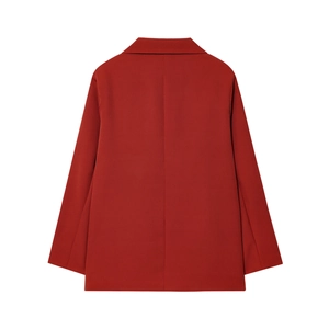 Rear view detail of dark red long-sleeve oversized double-breasted blazer for women