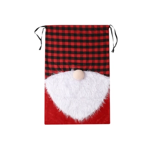 Extra large Christmas gnome drawstring gift bag with buffalo plaid and white beard