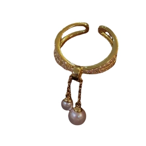 Gold plated double layer open ring with pavé cubic zirconia and hanging twin pearls