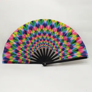 10 inch rainbow folding hand fan with colorful geometric pattern and black bamboo frame